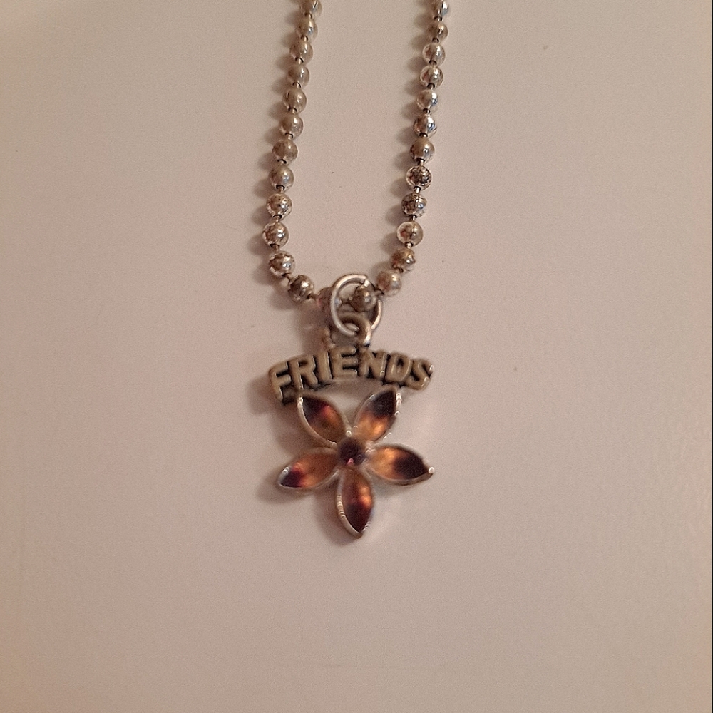 Friends flower charm necklace pendant silver rhinestone pink brown jewelry
